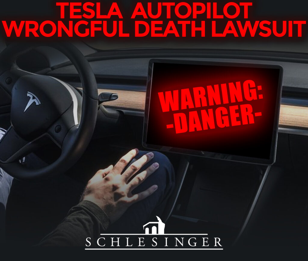 Image shows the inside of a Tesla with the screen warning danger! Alluding to a wrongful death case involving their auto pilot.