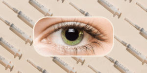 Small image of eye on background of syringes.