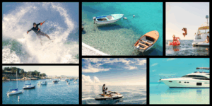 Collage featuring sailboats, yachts, people water-skiing, and riding jetskis.