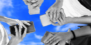 Shows four young people's hands holding phones from below. Their hands are gray and slightly pixelated while the sky above is vibrant blue with white clouds.