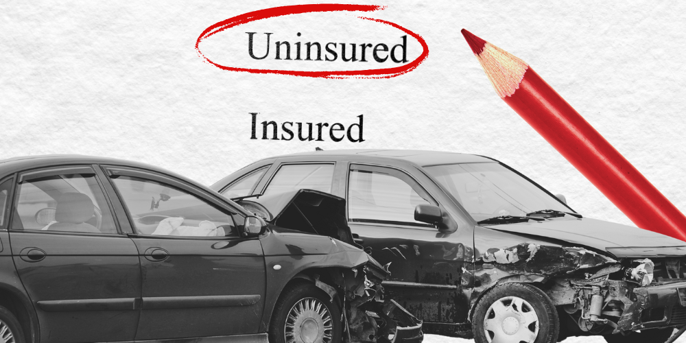 Collage-type image featuring a black-and-white car wreck in front of a piece of paper with the words "Uninsured" and "Insured." Uninsured is circled in red, and a red pencil is nearby on the page, layered behind the cars.
