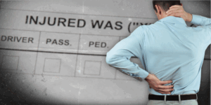 Collage-style image of a man holding his neck and back as if in pain in front of a slightly out-of-focus form which reads "Injured Was..." with options like "pass" and "ped."