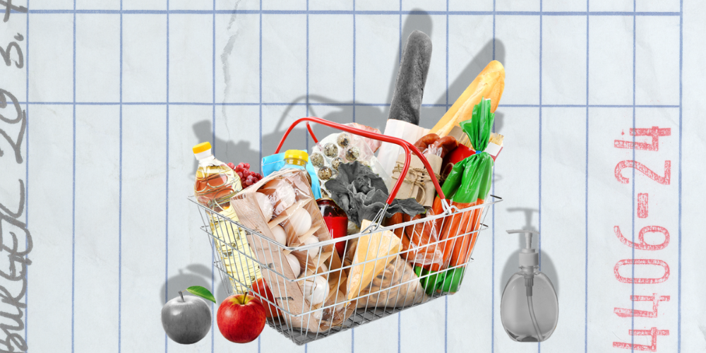 Collage-style image of a basket of groceries in front of a receipt. The basket and most of the items are in full color, but some items are gray.