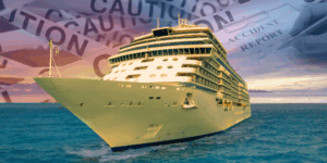 Collage-style image of a cruise ship on the ocean at sunset. Behind the ship in the sky are opaque images of an accident report form being filled out and caution tape.