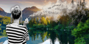 Person smoking a cigarette looking out at a beautiful lake vista. In their cloud of smoke are the words "organic", "all-natural", and "additive-free." The person, along with the smoke are gray while the vista is colorful.