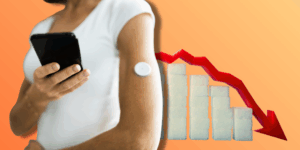 Collage style image showing a person wearing a device similar to the FreeStyle Libre 3, looking at their phone. Behind them is a graph made out of sugar cubes, with an arrow trending steeply downward.