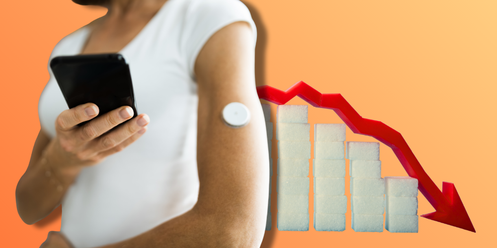Collage style image showing a person wearing a device similar to the FreeStyle Libre 3, looking at their phone. Behind them is a graph made out of sugar cubes, with an arrow trending steeply downward.