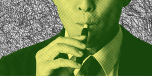 Sickly-yellow tinged partial picture of a man's face while vaping. The background is scribbles that look slightly like smoke.