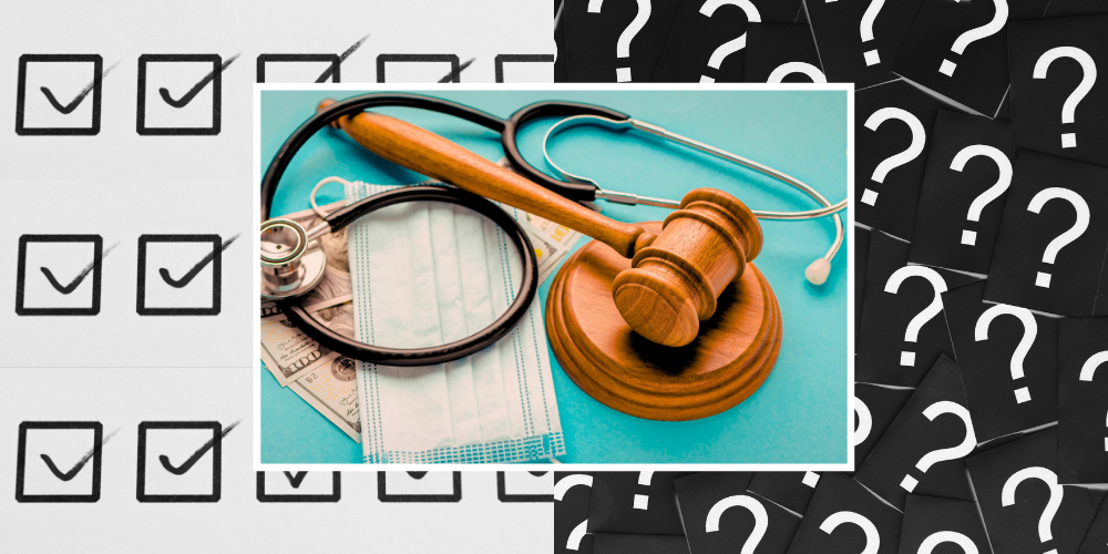 Collage of images representing medical malpractice: a gavel, stethoscope, surgical mask, and money, all on top of a background of check marks and question marks.