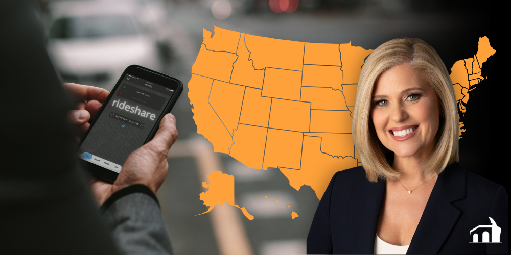 Collage of images. Person holding a phone with a rideshare app open. Image of Elana Goodman. Simple map of the US.