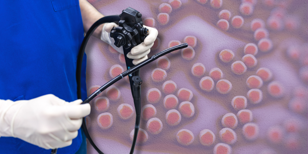 figure holding medical scope. background shows harmful bacteria.