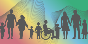 gradient with disability pride flag colors; silhouette of a variety of different people overlayed.
